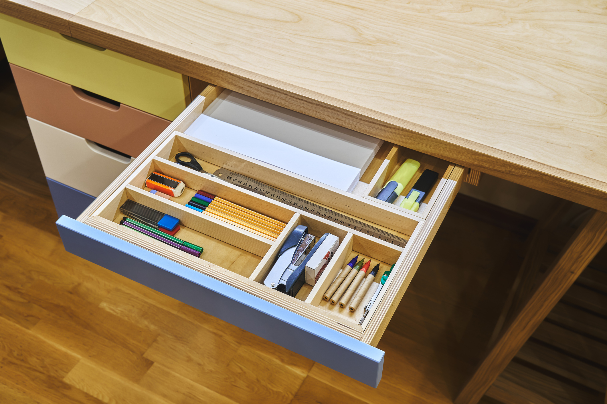 Ready for school. Neat drawer with assorted stationery for school